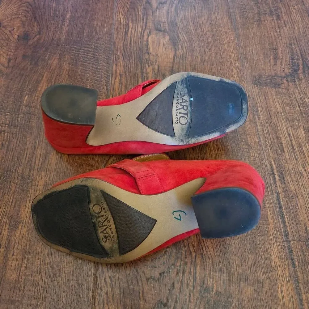 Franco Sarto Rosalie Mule Pumps Red Suede Block Heel